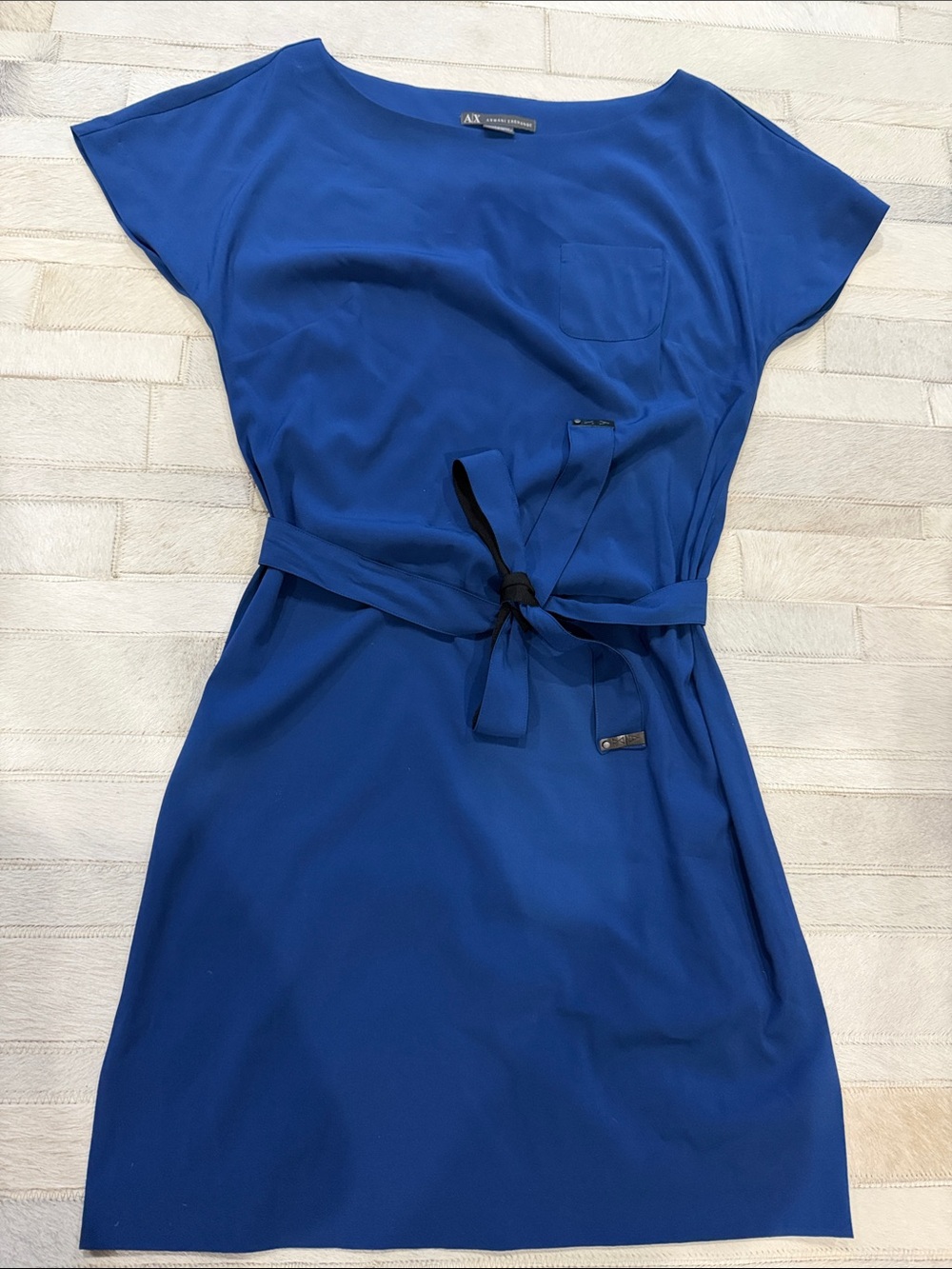 Armani Exchange Cobalt Blue Short Sleeve Tie-Waist Mini Dress